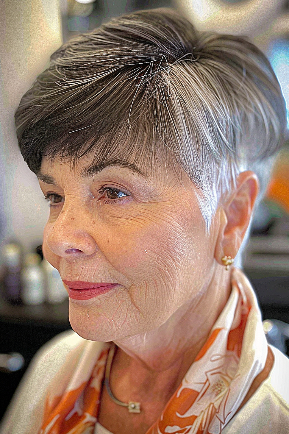 A woman with a classic pixie haircut featuring soft side bangs in a blend of brown and grey tones.