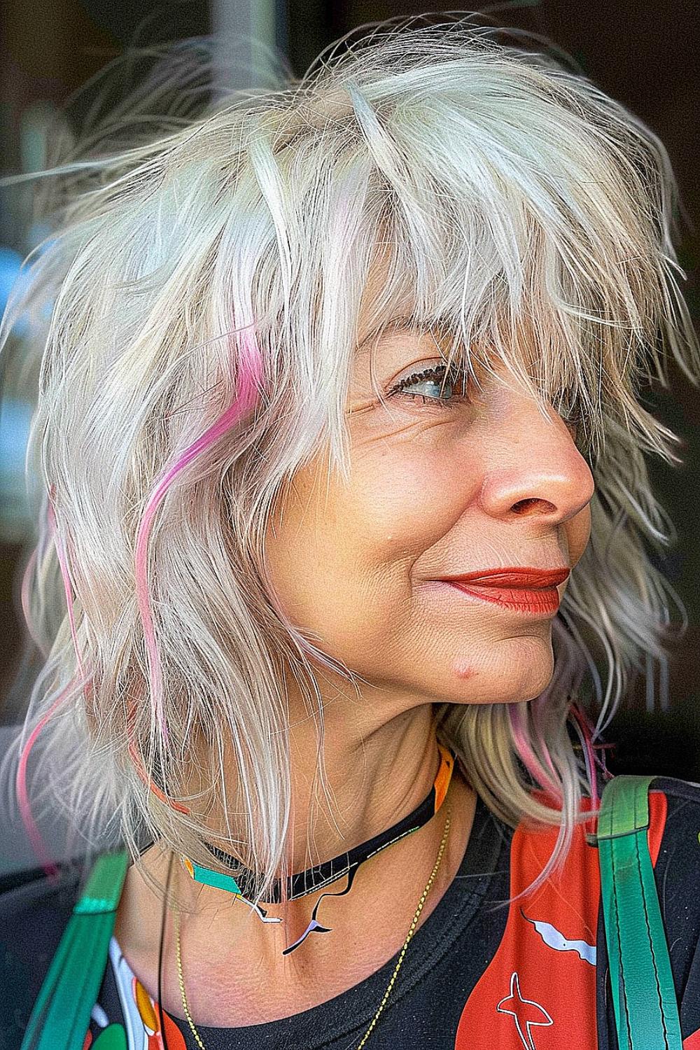 Classic shag haircut with vibrant streaks of color on a woman over 70