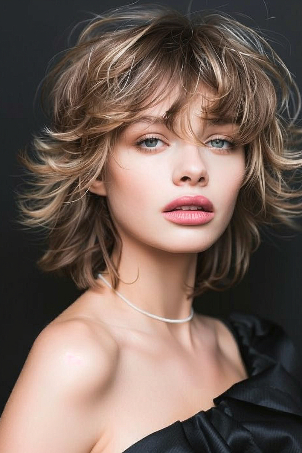 Woman with a classic shag haircut featuring tousled layers and soft fringe