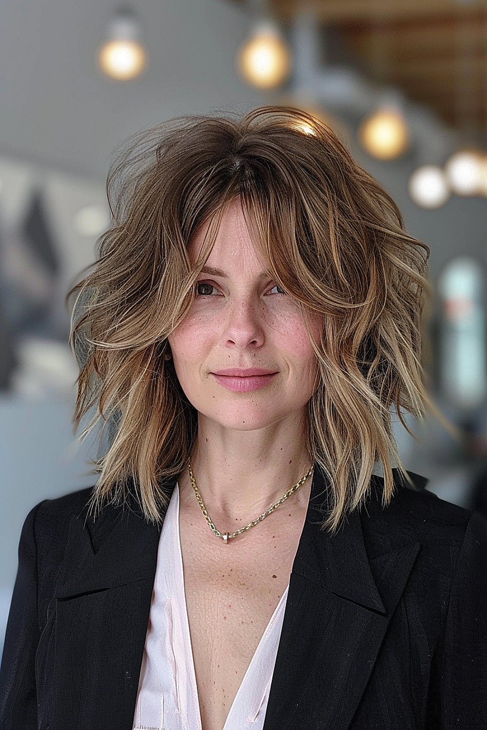 Woman with a classic shag haircut enhanced with curtain bangs and sun-kissed highlights