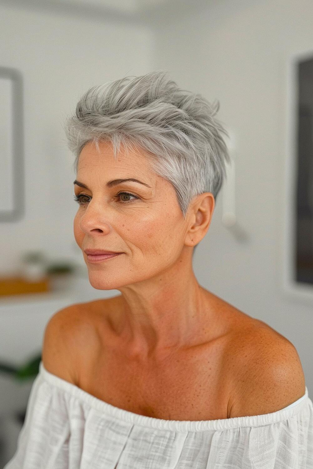 Short spiky pixie haircut for older women