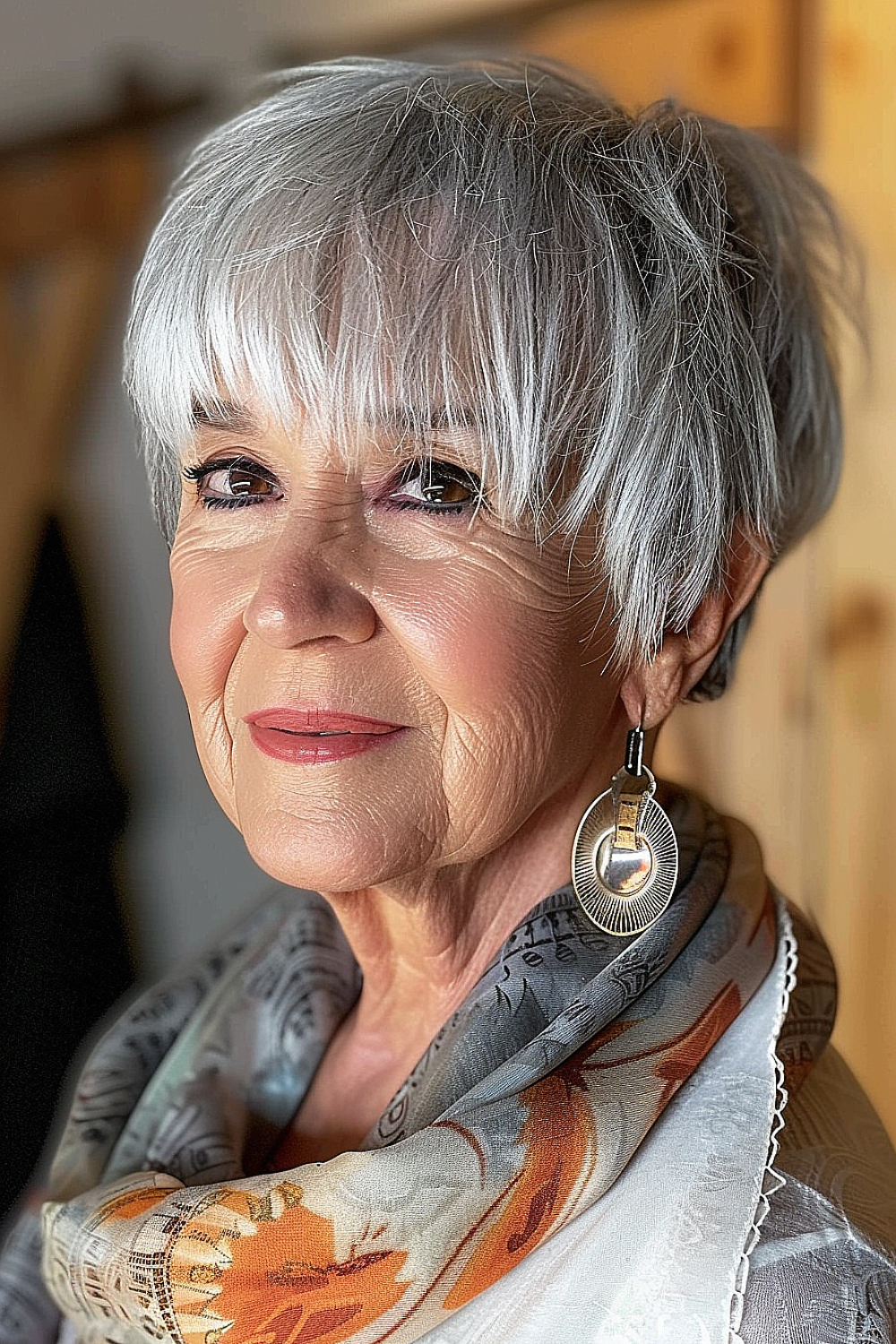 Short silver pixie cut with wispy bangs