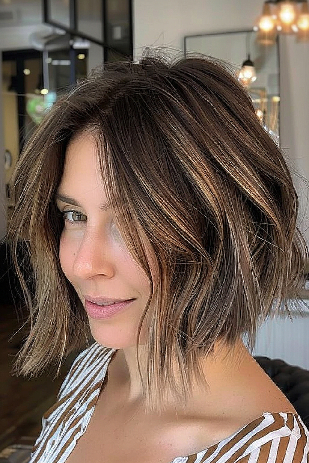 Woman with a classic textured bob and sun-kissed highlights