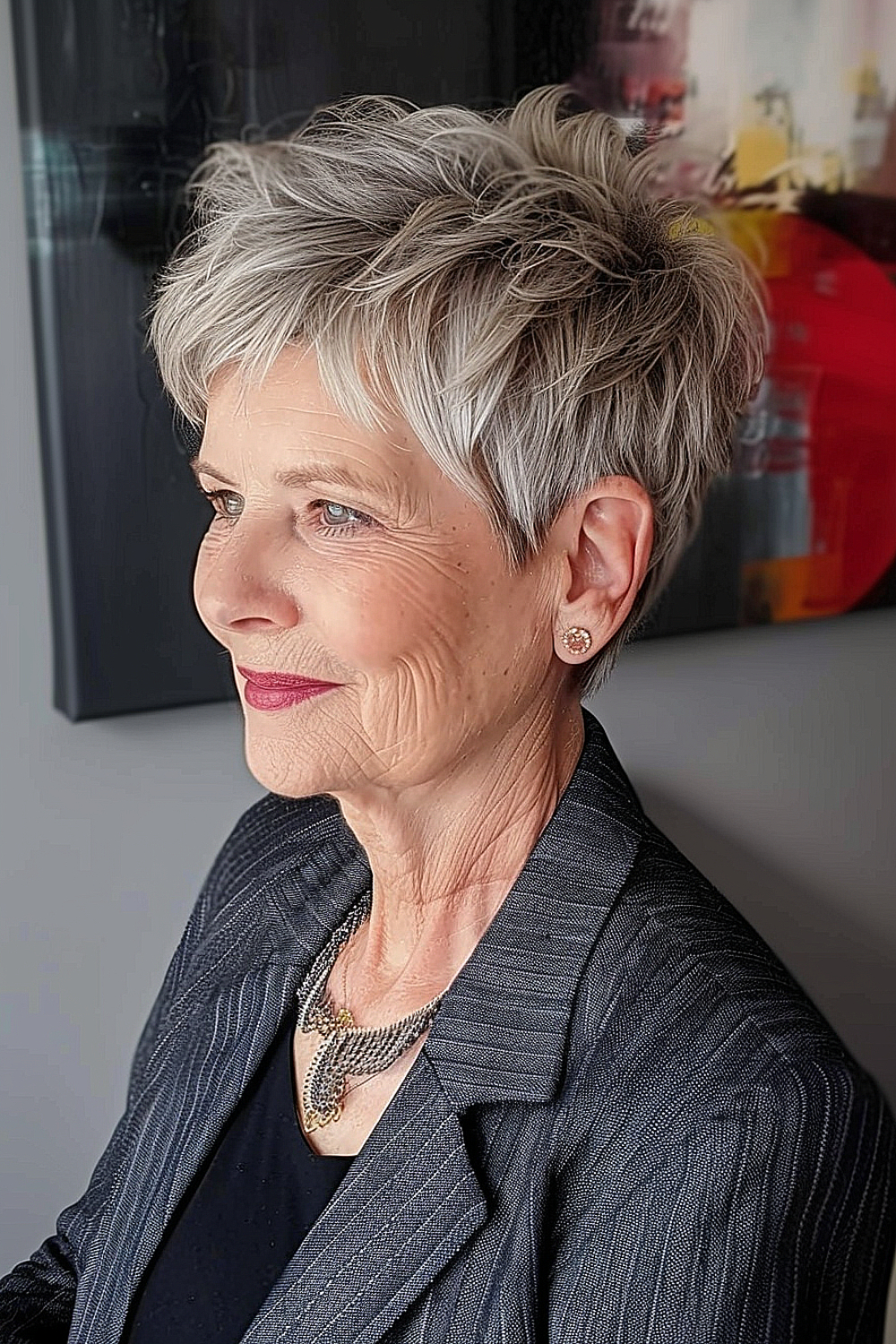 Mature woman with a classic textured pixie haircut in natural gray tones