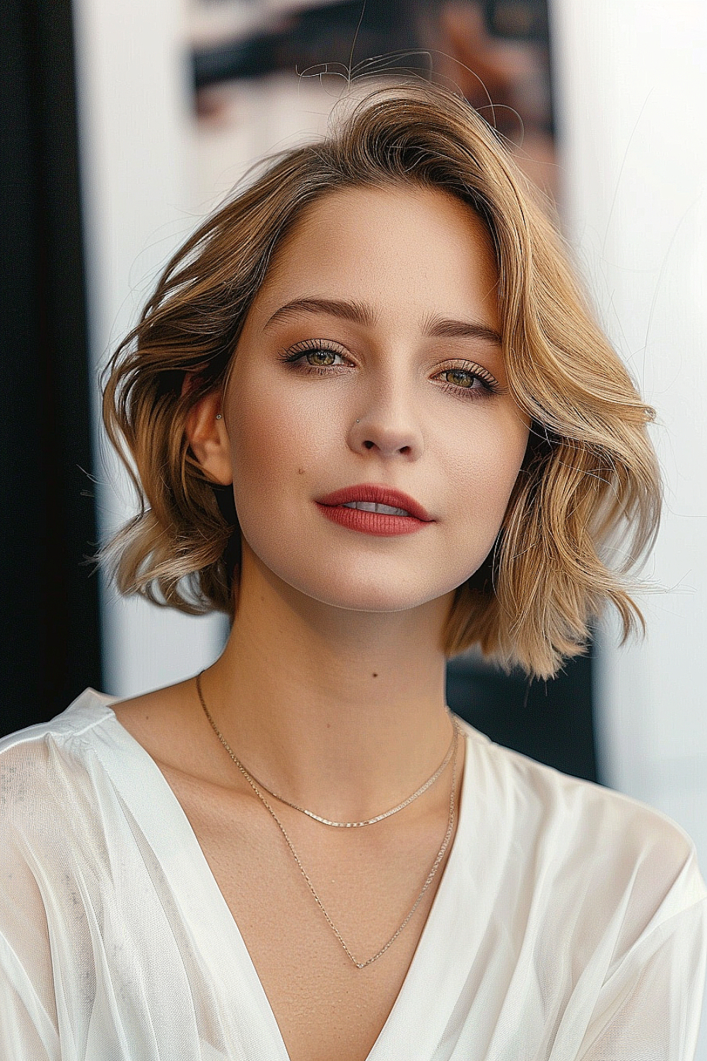 Woman with a classic wavy bob and side part