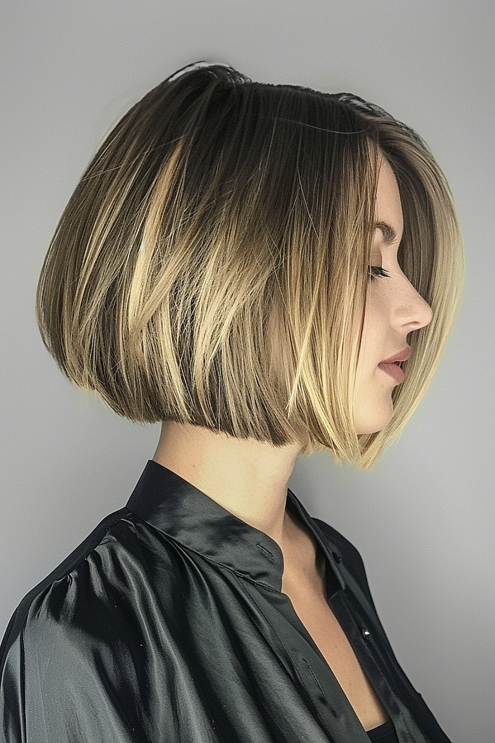 Side view of a woman with a classic layered straight bob haircut