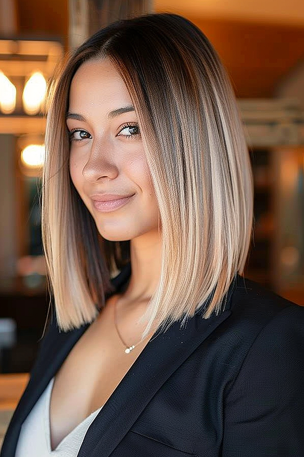 Collarbone-length A-line bob with warm blonde highlights