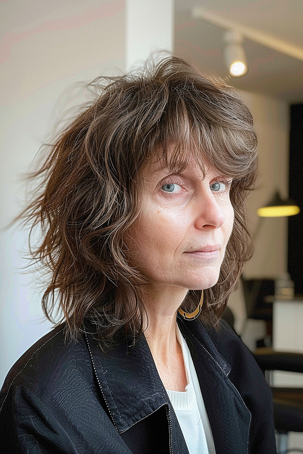 Woman with collarbone-length shag haircut featuring soft layers and subtle highlights