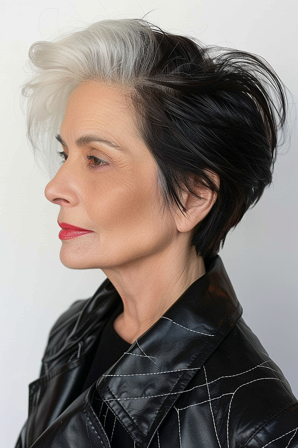 Woman with a contemporary pixie haircut, featuring sharp edges, silver and black contrasting colors, and a glossy finish