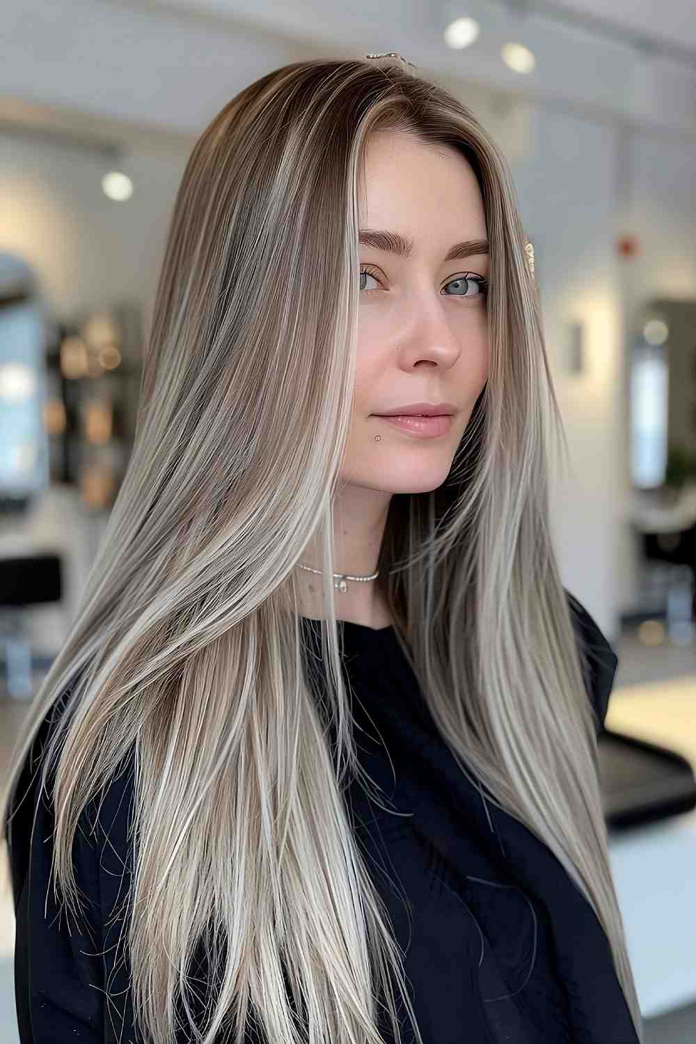 Cool ash tones on straight sleek hair