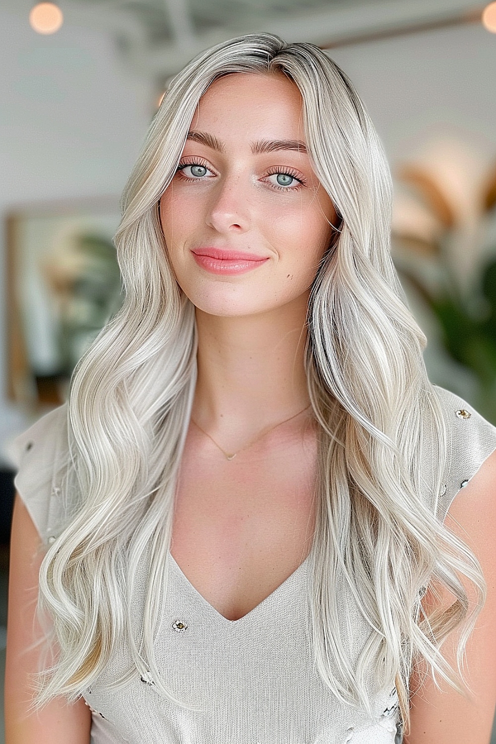 Woman with cool blonde hair and soft, wavy ends