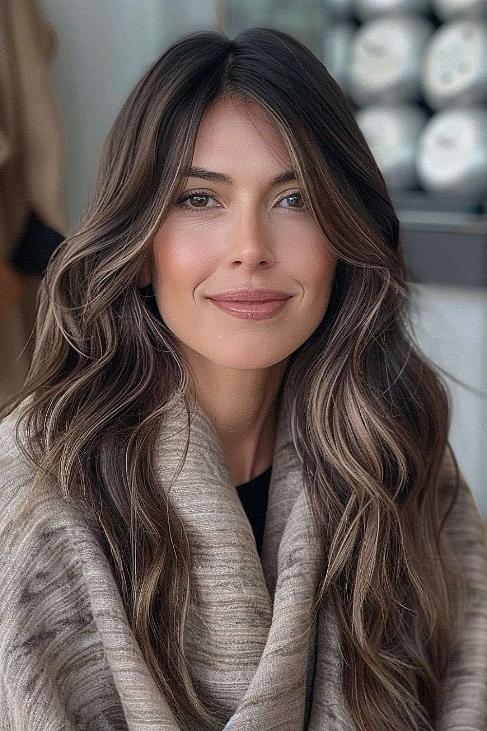 A woman with long, textured layers in cool-toned brunette shades