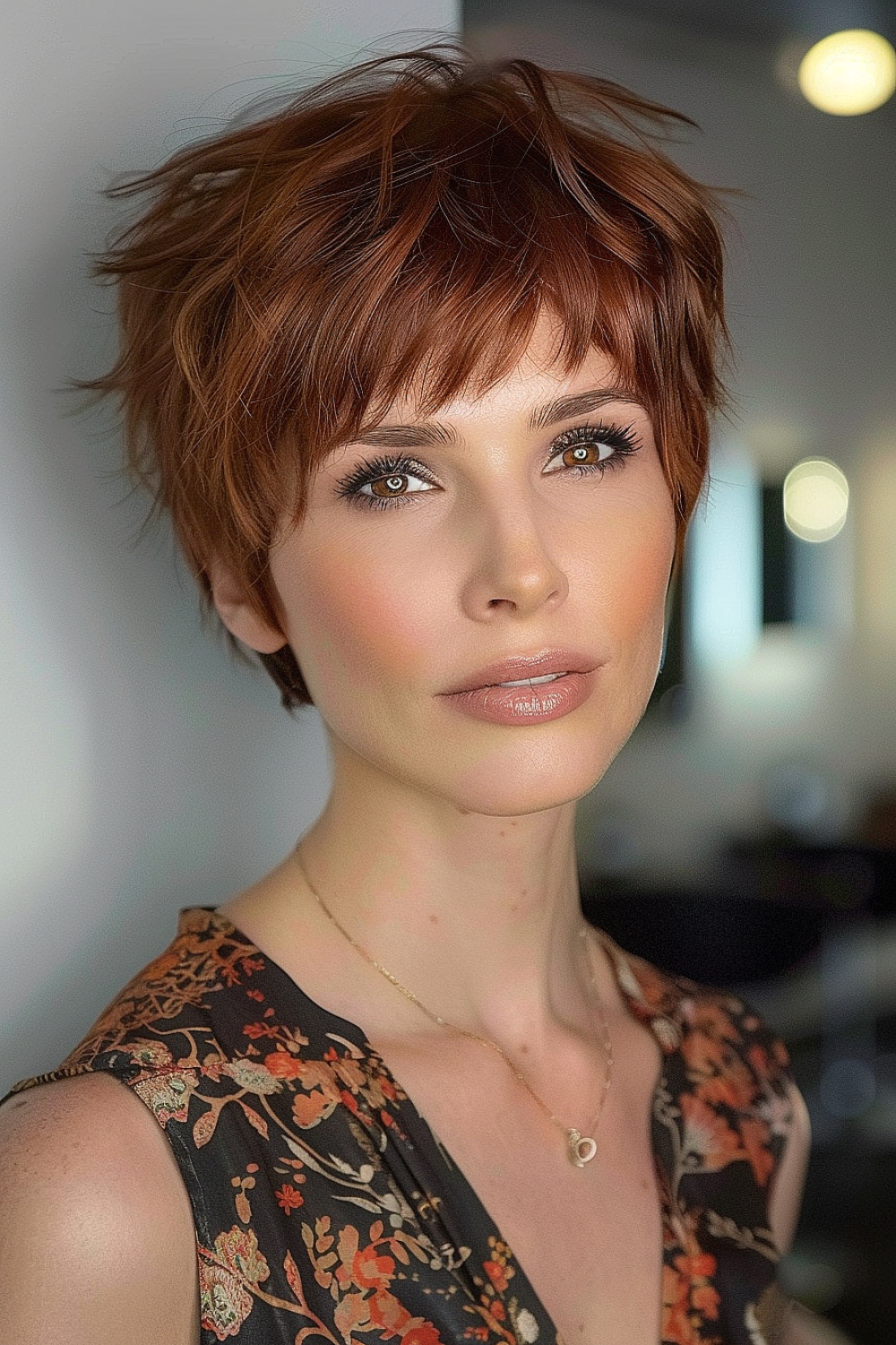 Copper spice layered pixie with angled bangs