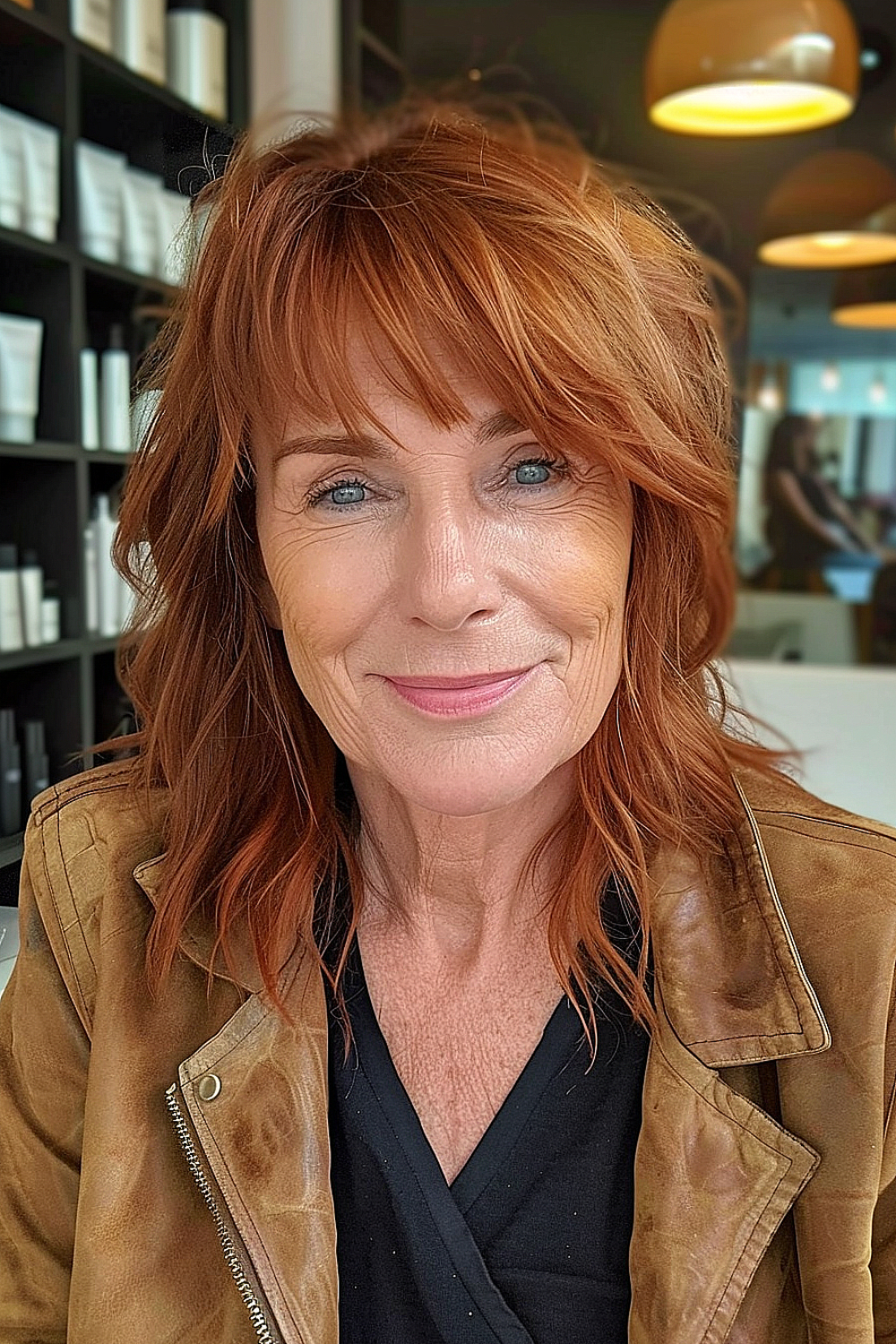 Woman with a copper-toned choppy lob and angular bangs