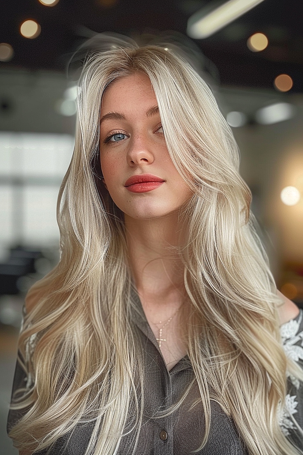 Woman with creamy blonde hair and swoopy layers