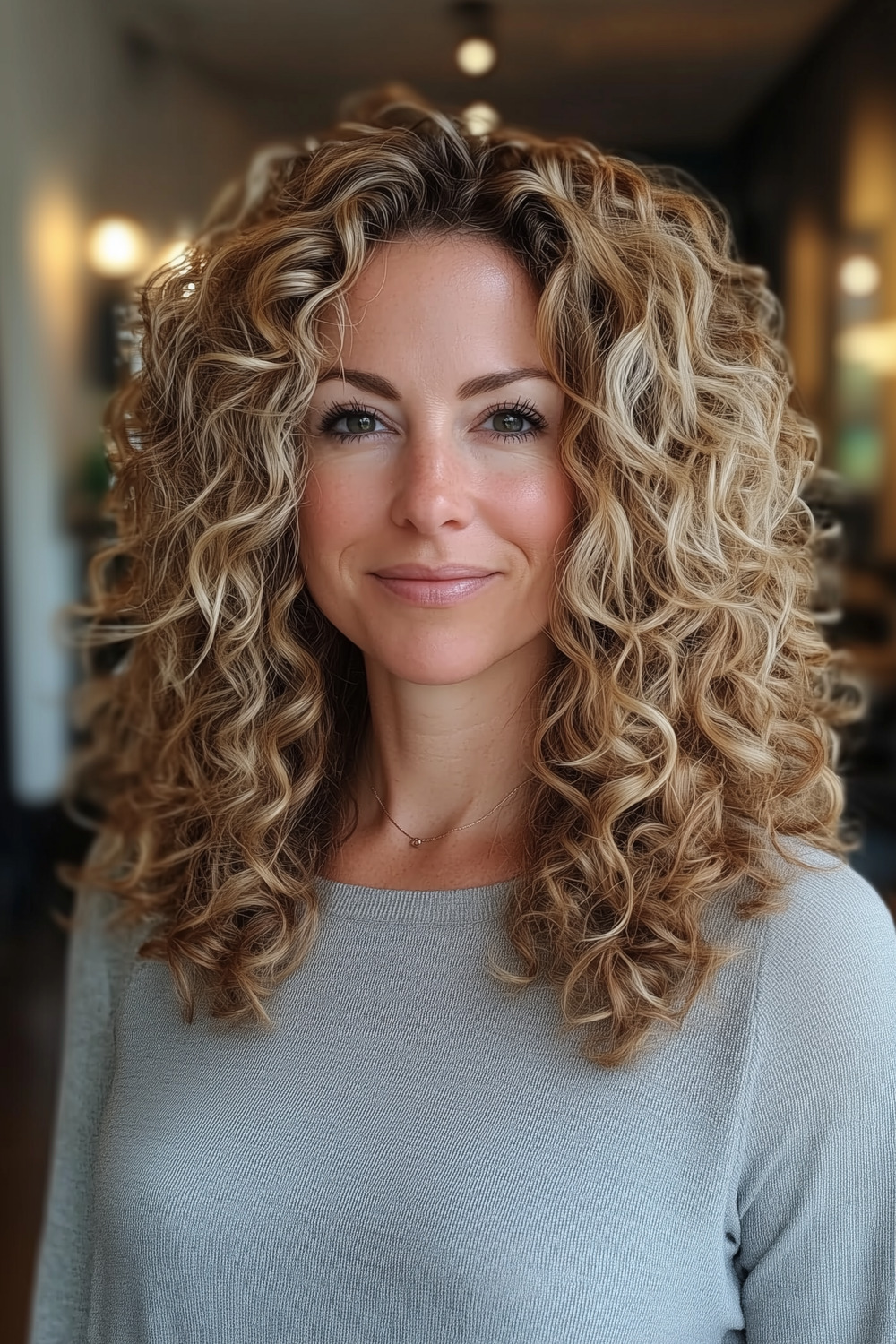 Creamy butter blonde balayage for curly hair