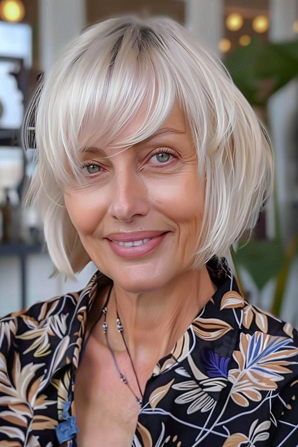 Woman with a cropped bob and side-swept bangs