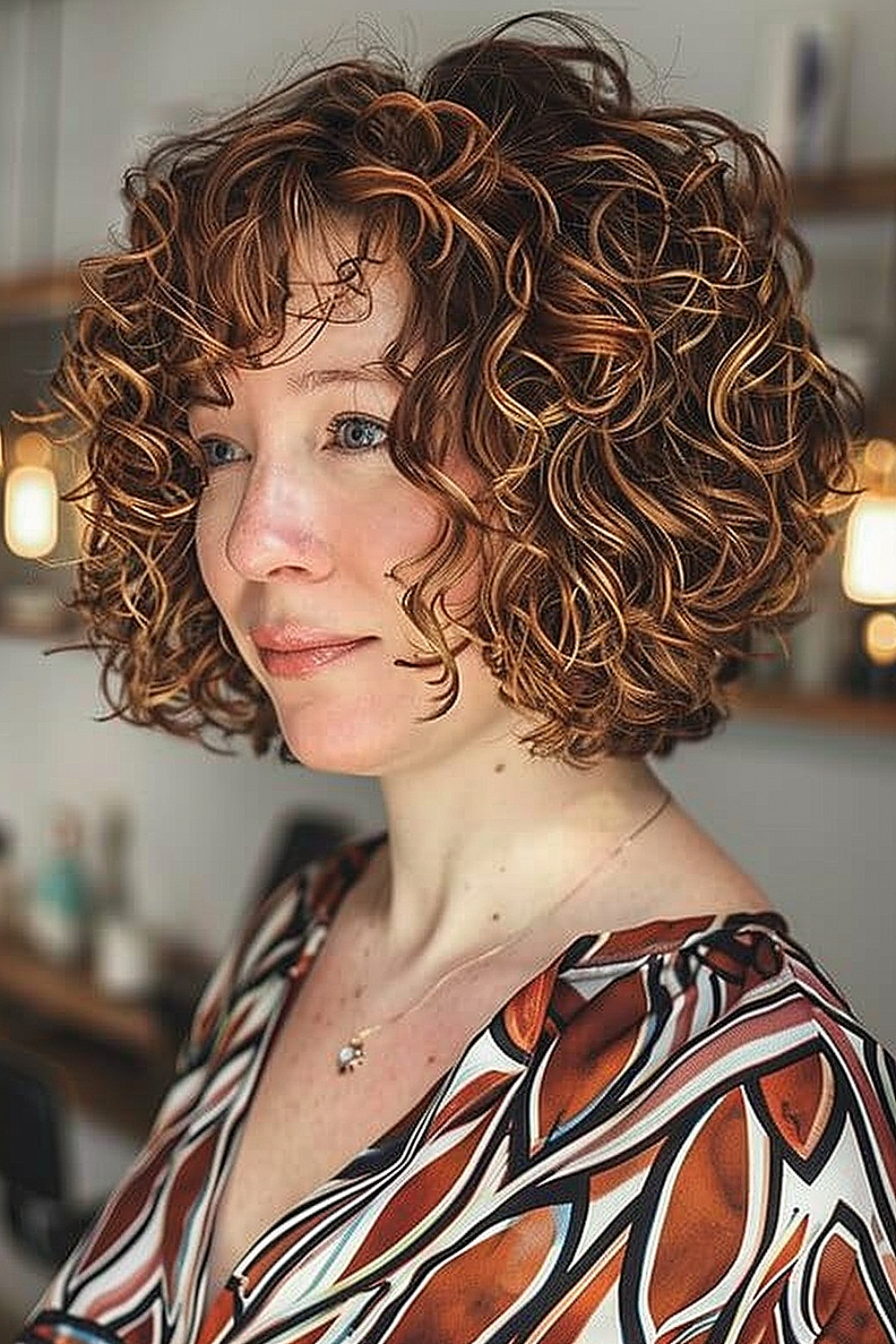 Woman with curly A-Line bob and textured bangs