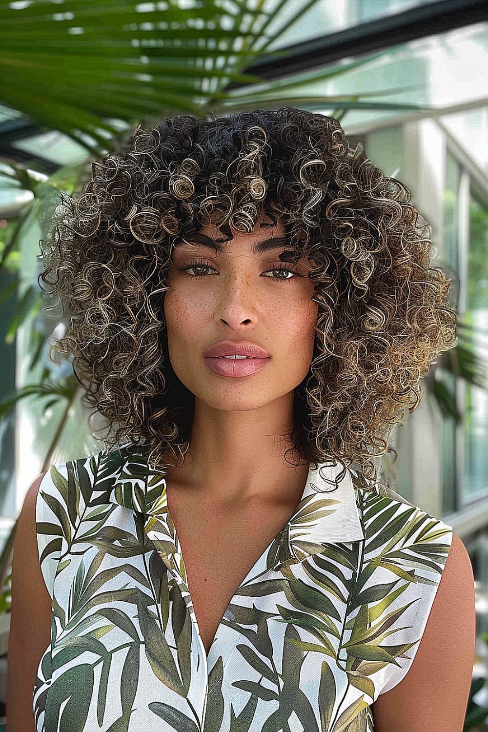 Woman with curly balayage lob and full bangs