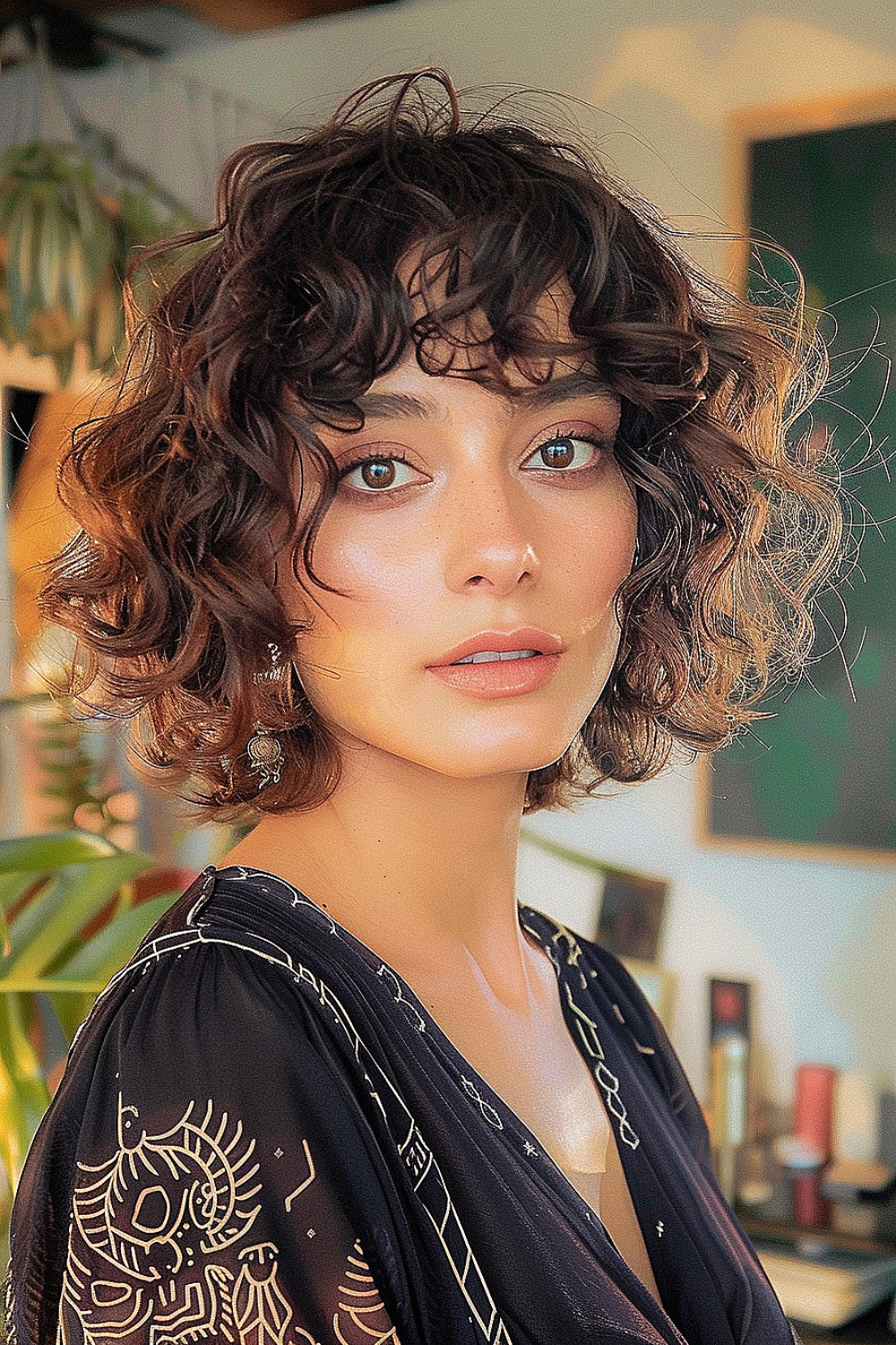 Woman with curly bangs and a layered bob