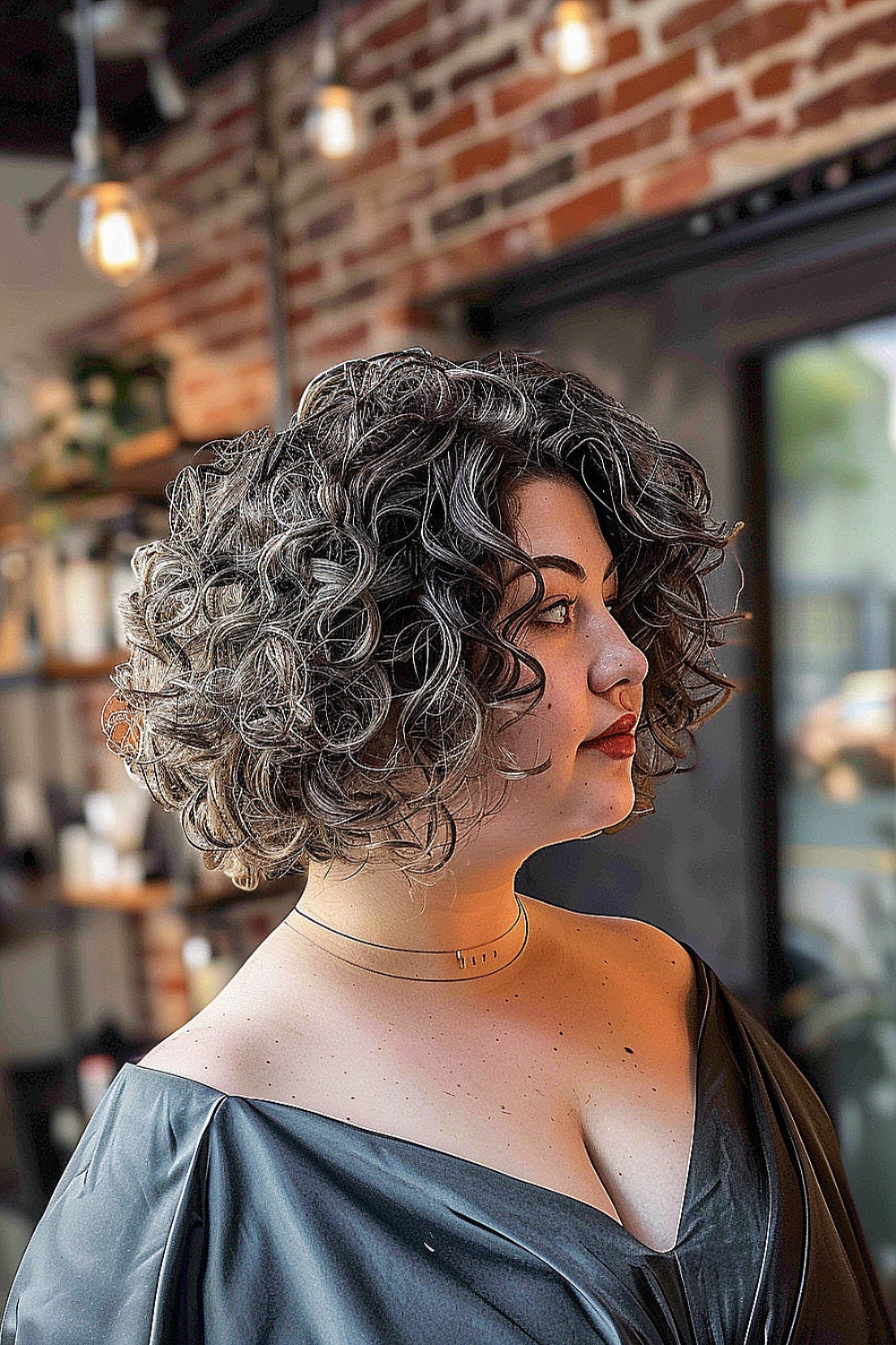 Woman with a curly bob hairstyle suitable for a fuller figure