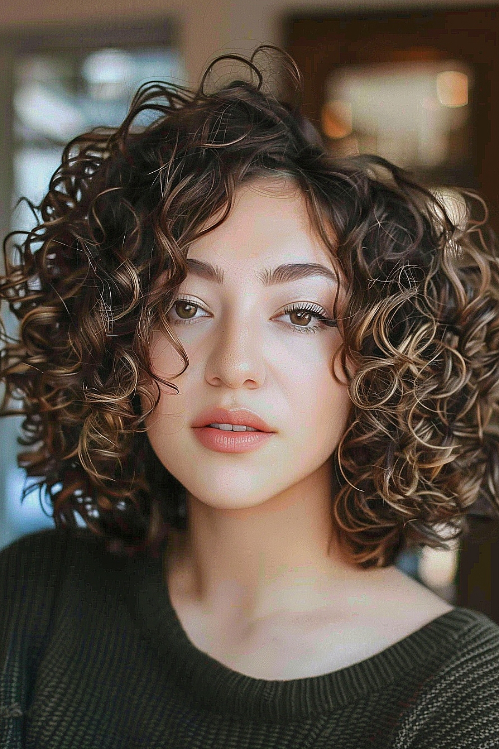 Woman with a curly bob hairstyle for an oval face shape