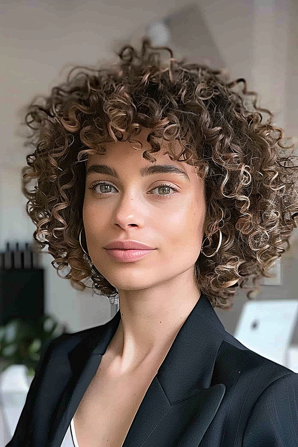 Woman with a curly bob hairstyle suitable for a square face shape