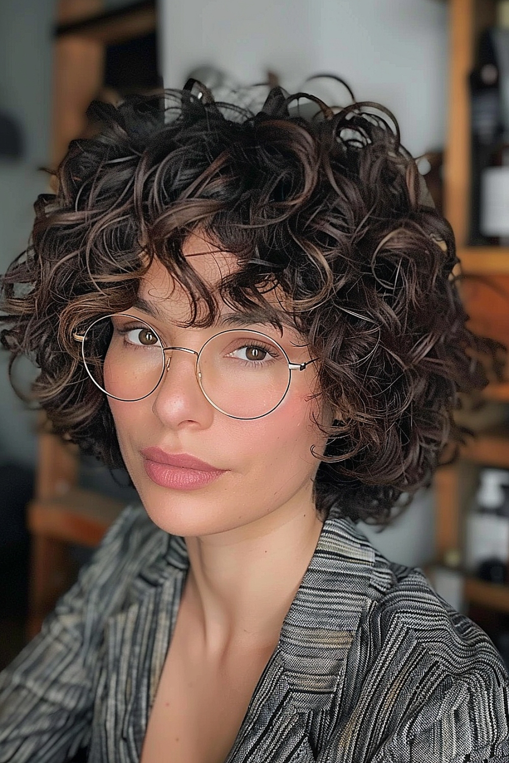 Woman with a curly bob hairstyle and glasses