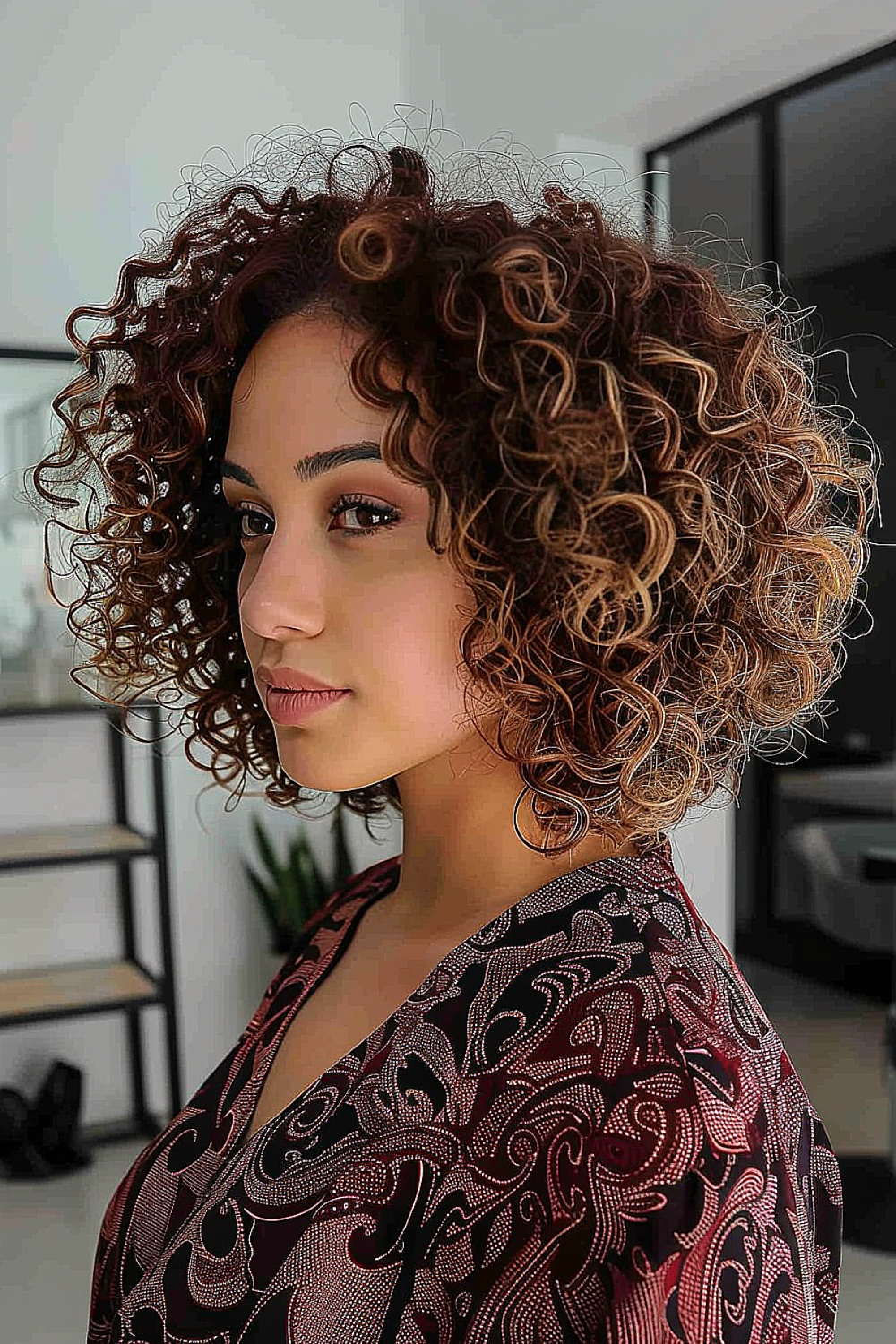 Woman with a curly bob hairstyle featuring angled layers