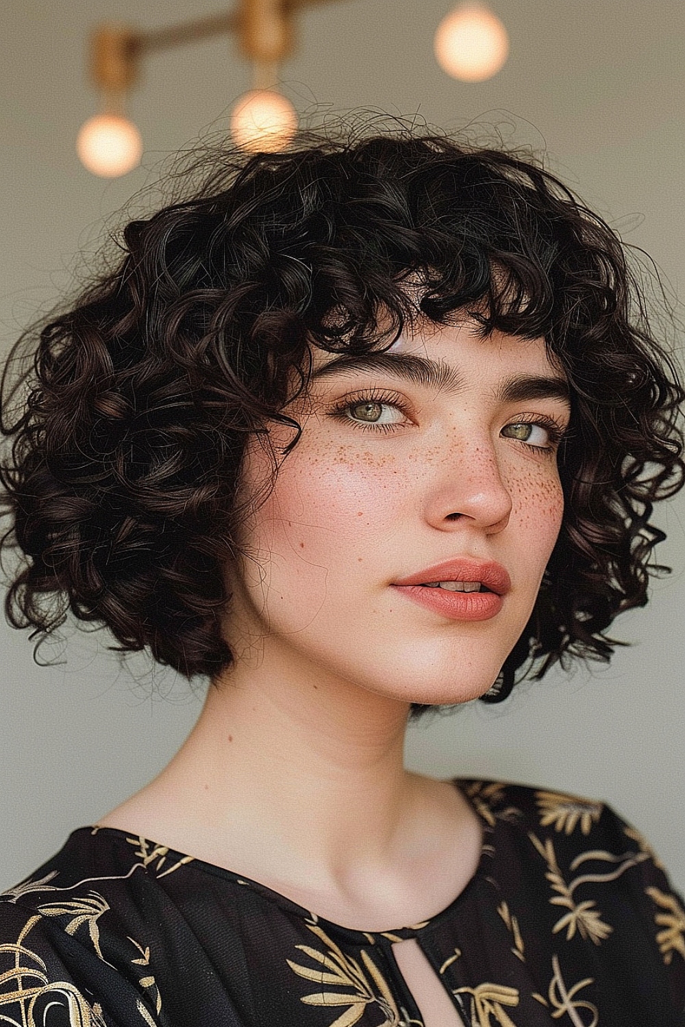 Woman with a curly bob hairstyle and baby bangs