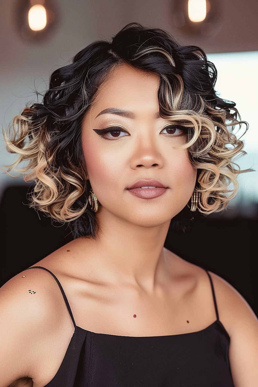 Woman with a curly bob hairstyle featuring blonde tips