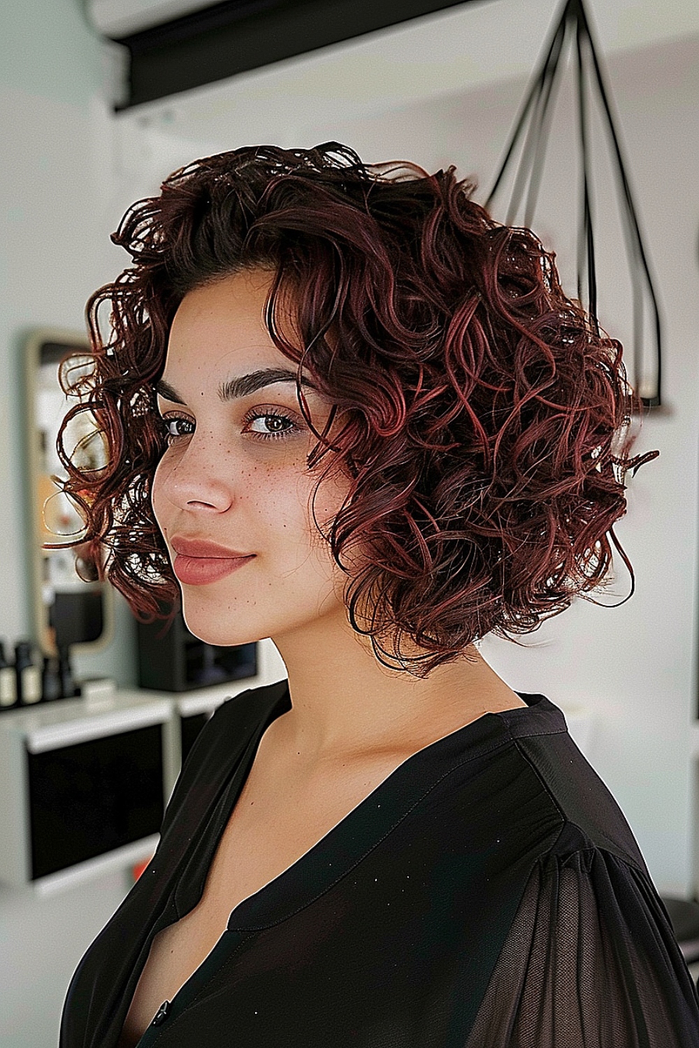 Woman with a curly bob hairstyle featuring burgundy highlights