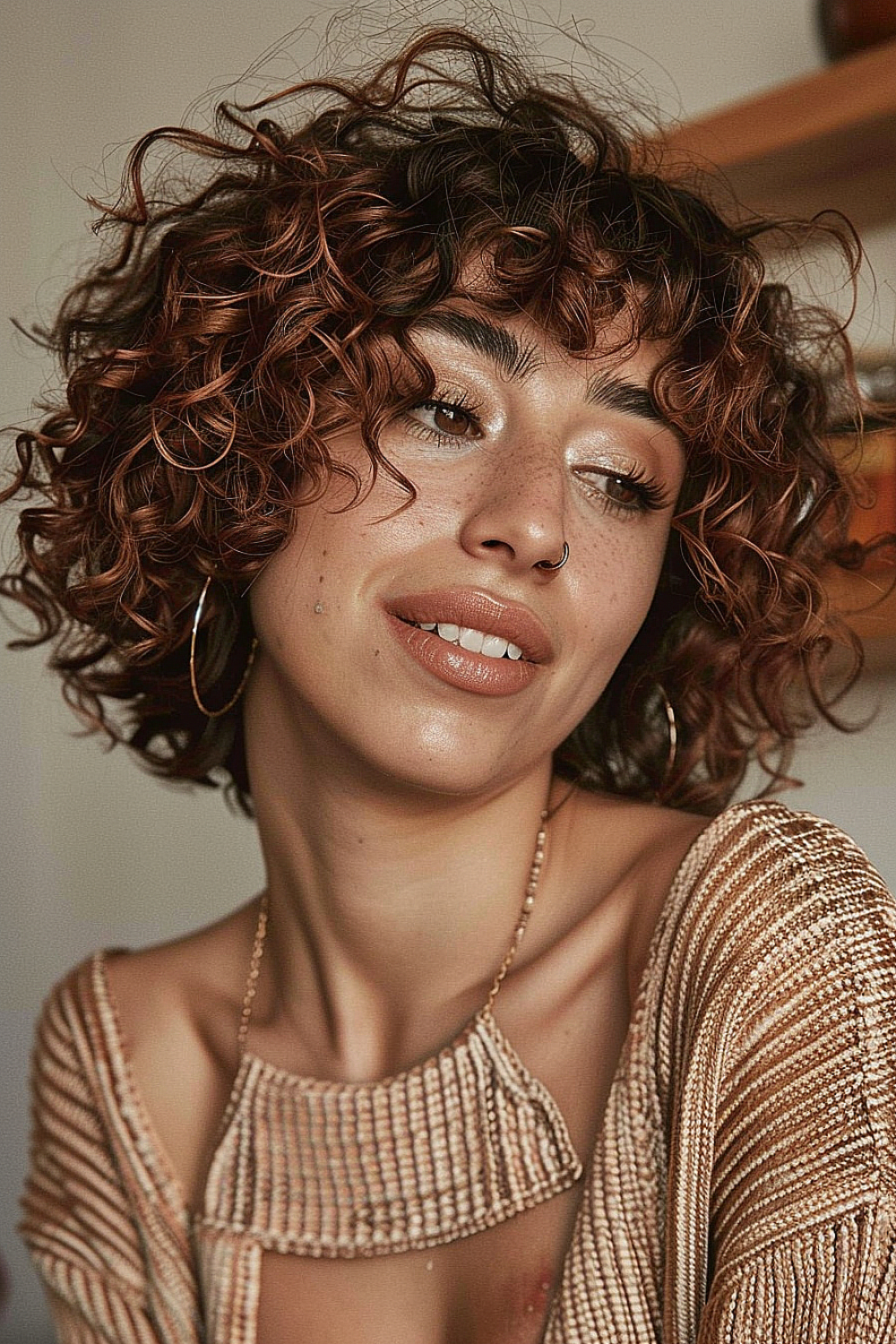 Woman with a curly bob and chocolate highlights