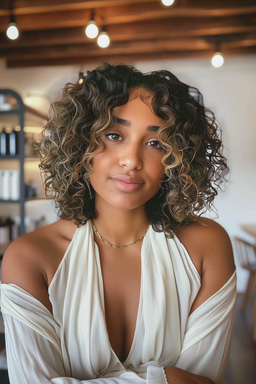 Curly bob with face-framing highlights