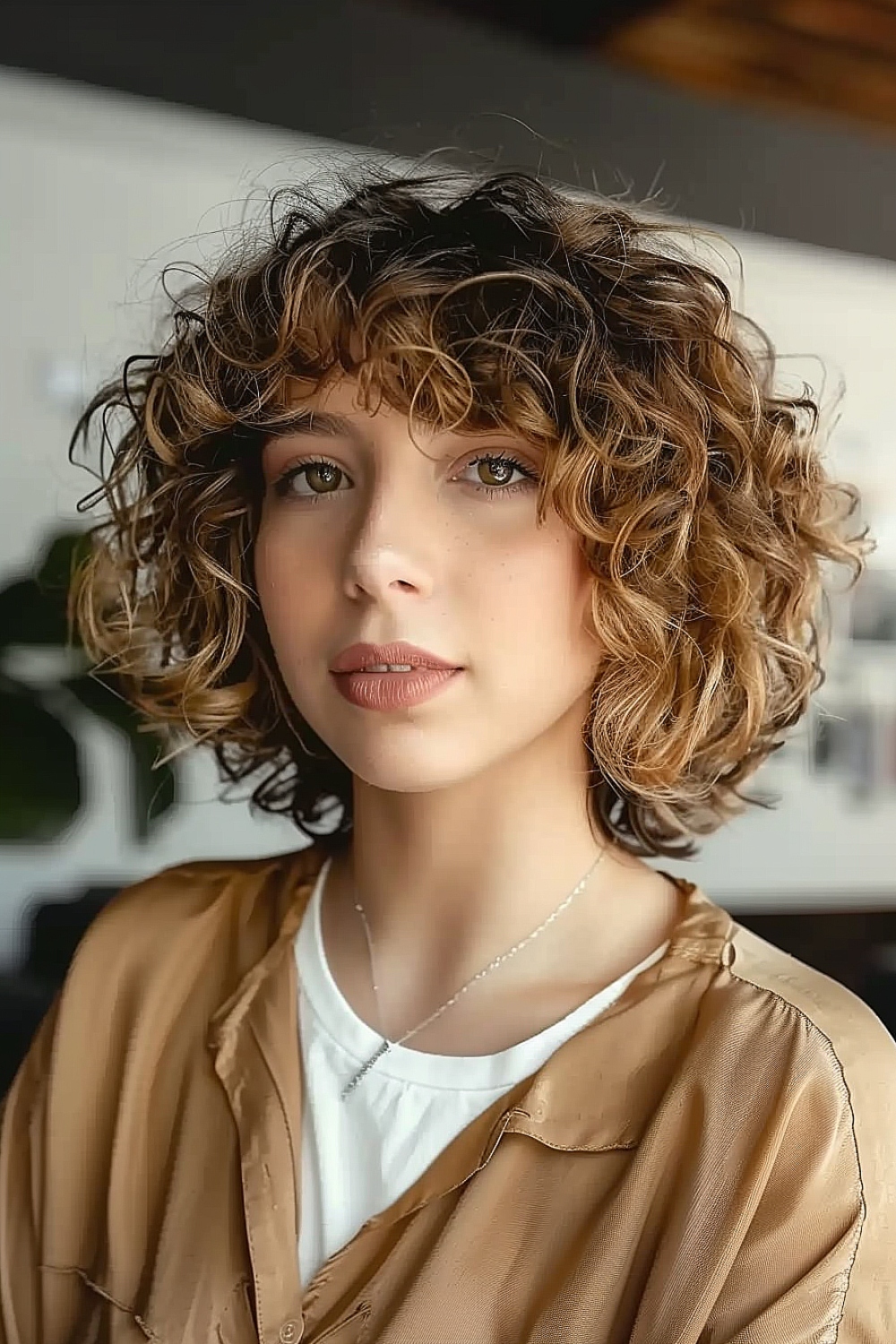 Woman with a curly bob hairstyle featuring face-framing layers