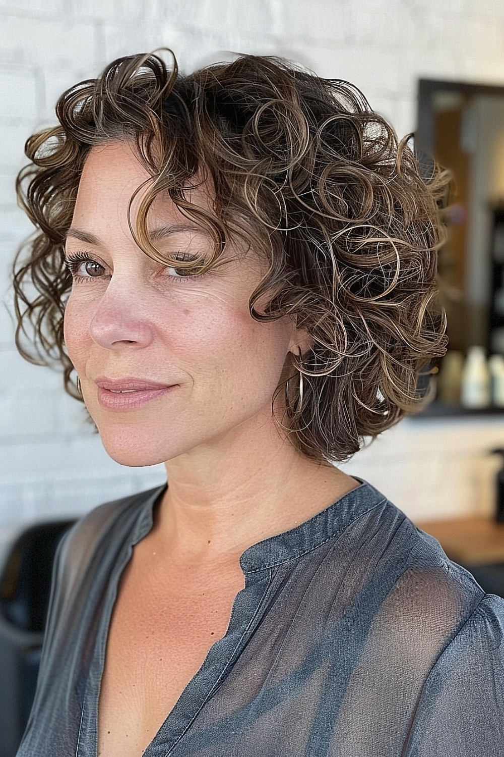 Woman with a curly bob hairstyle featuring feathered ends