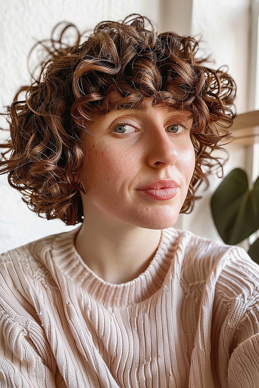 Woman with a curly bob hairstyle with fringe