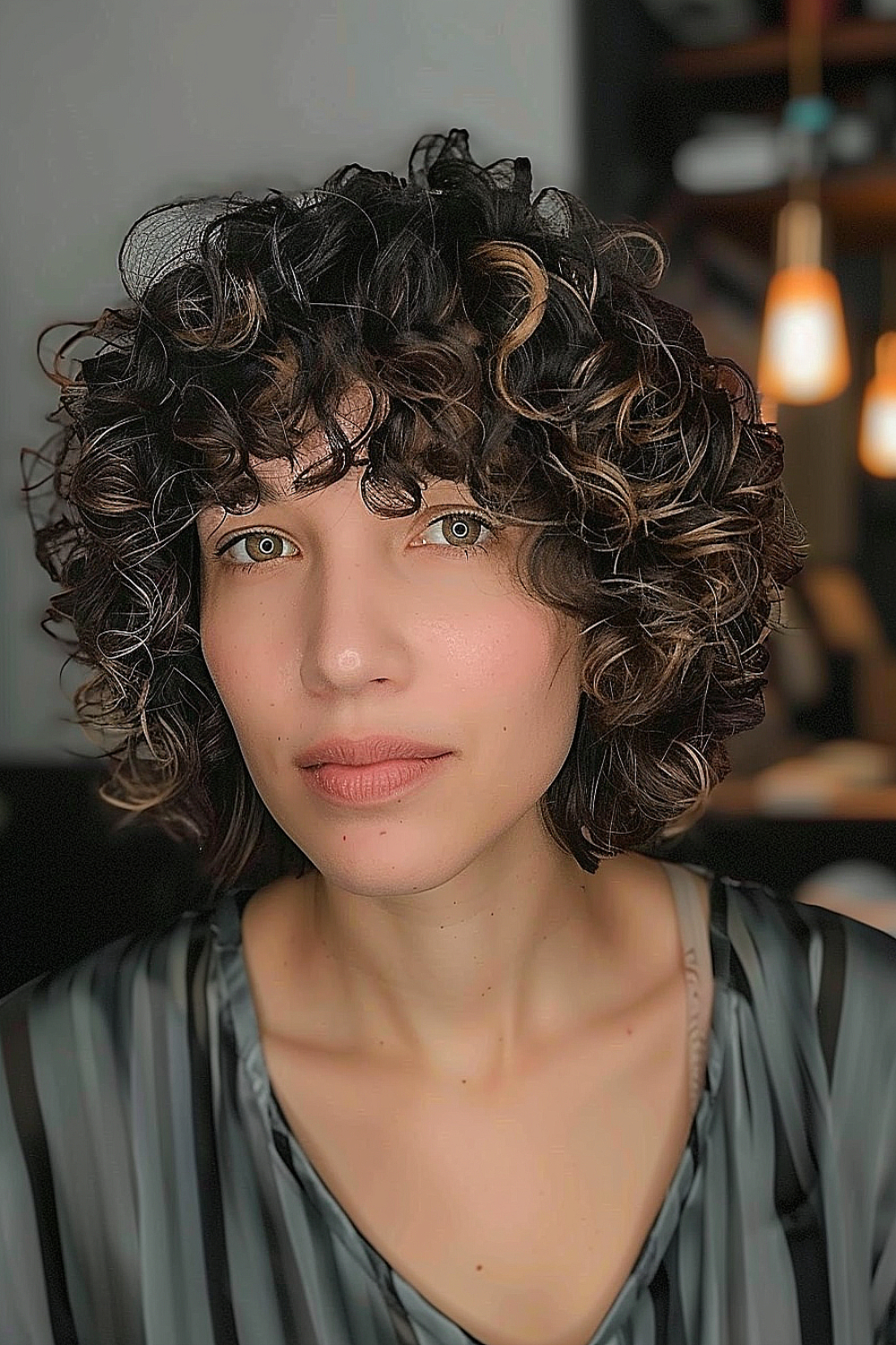 Woman with a curly bob hairstyle featuring layered bangs.