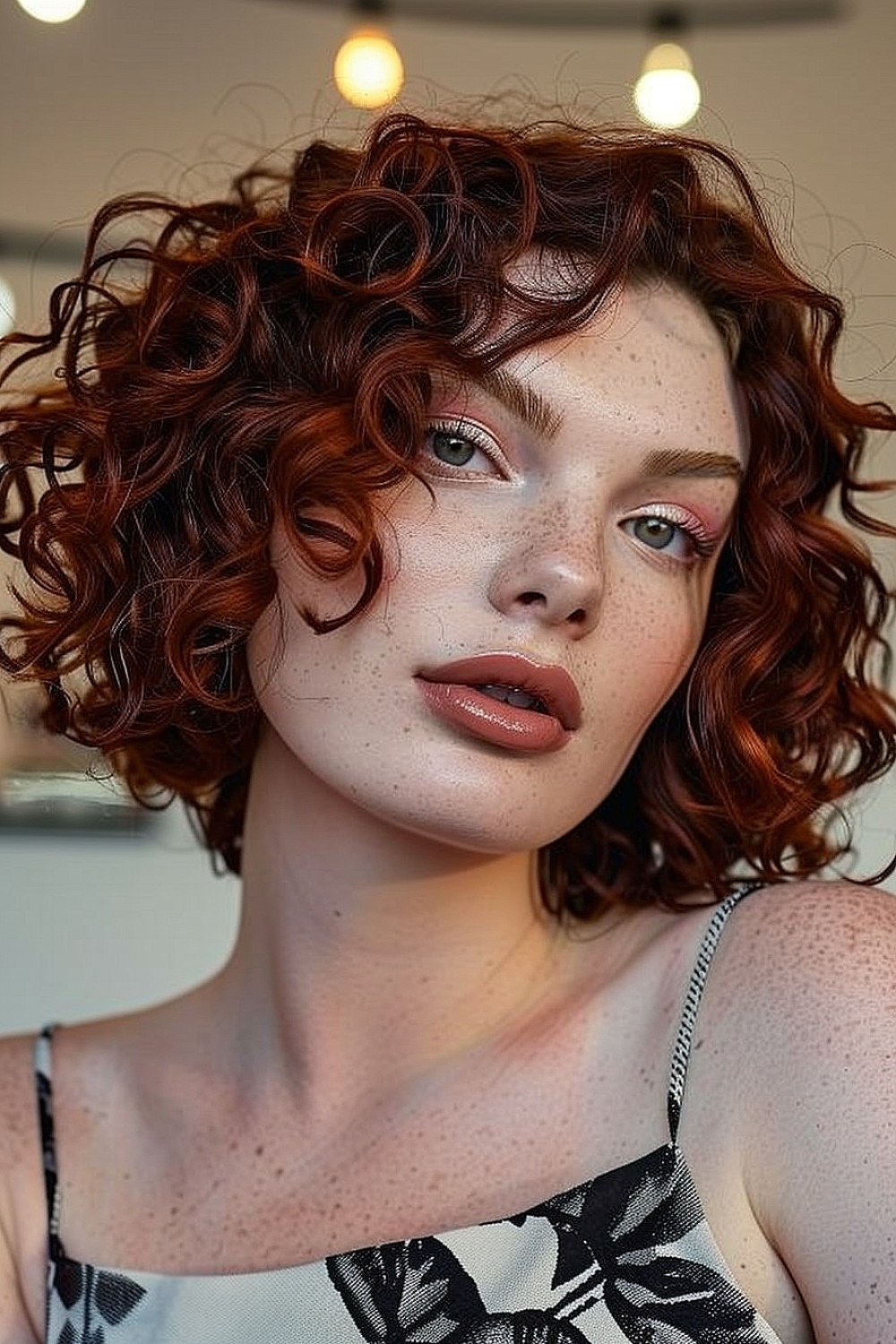 Woman with a curly bob hairstyle featuring red undertones