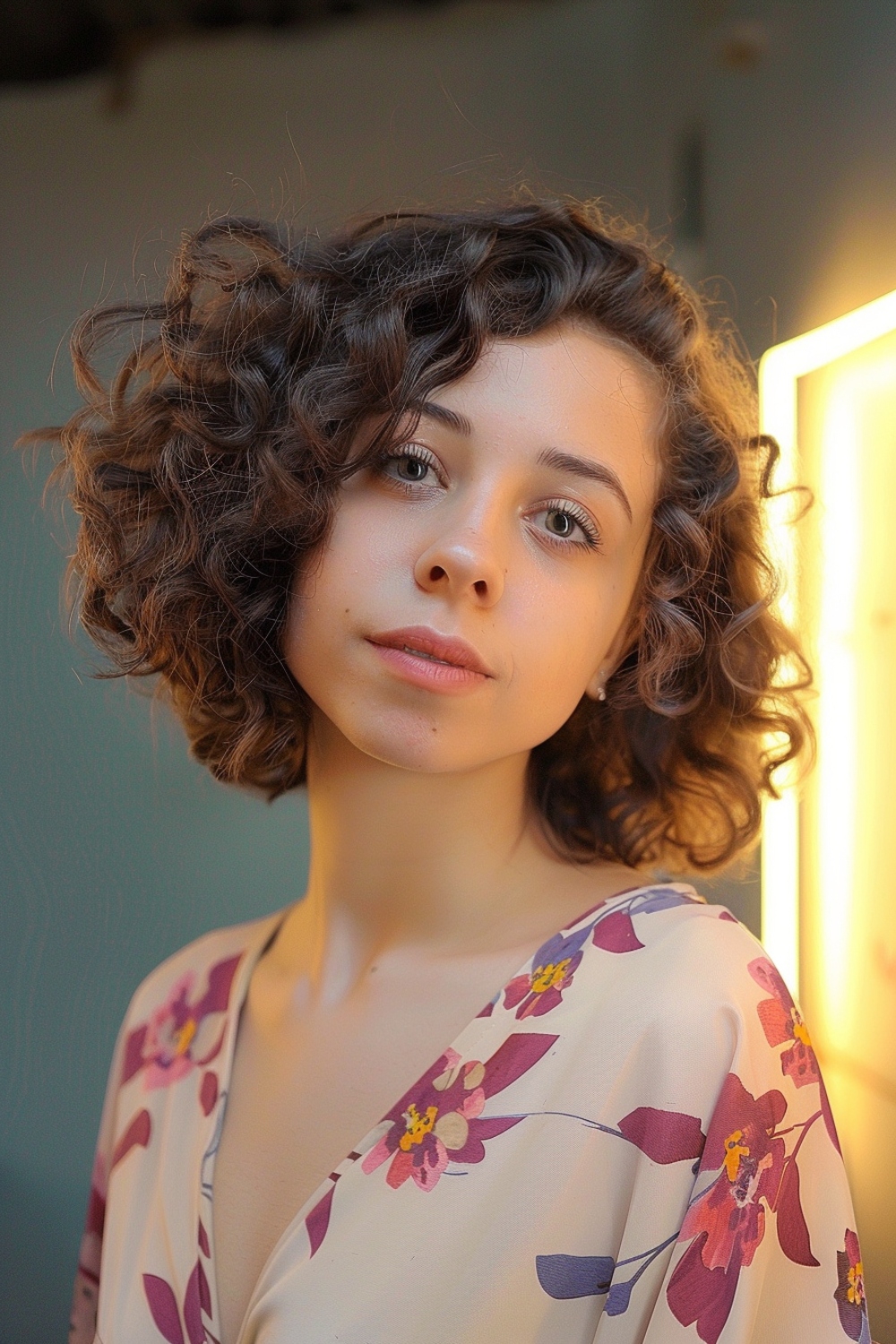 Woman with a curly bob hairstyle and a side part