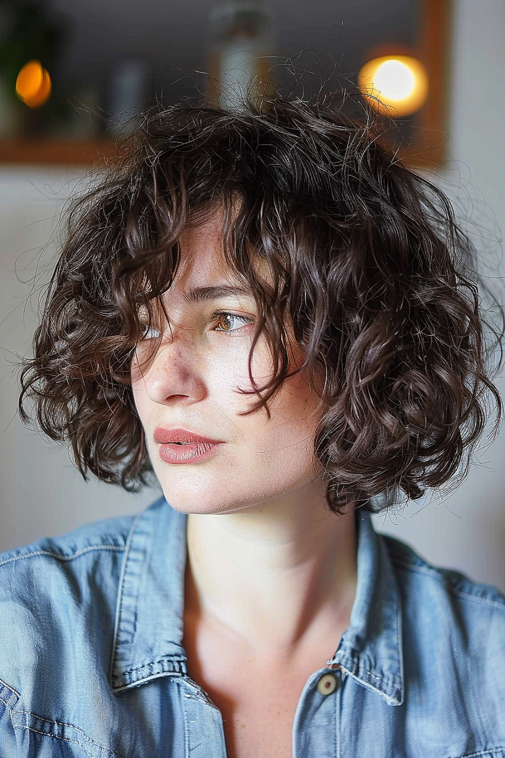 Woman with a curly bob hairstyle with soft layers