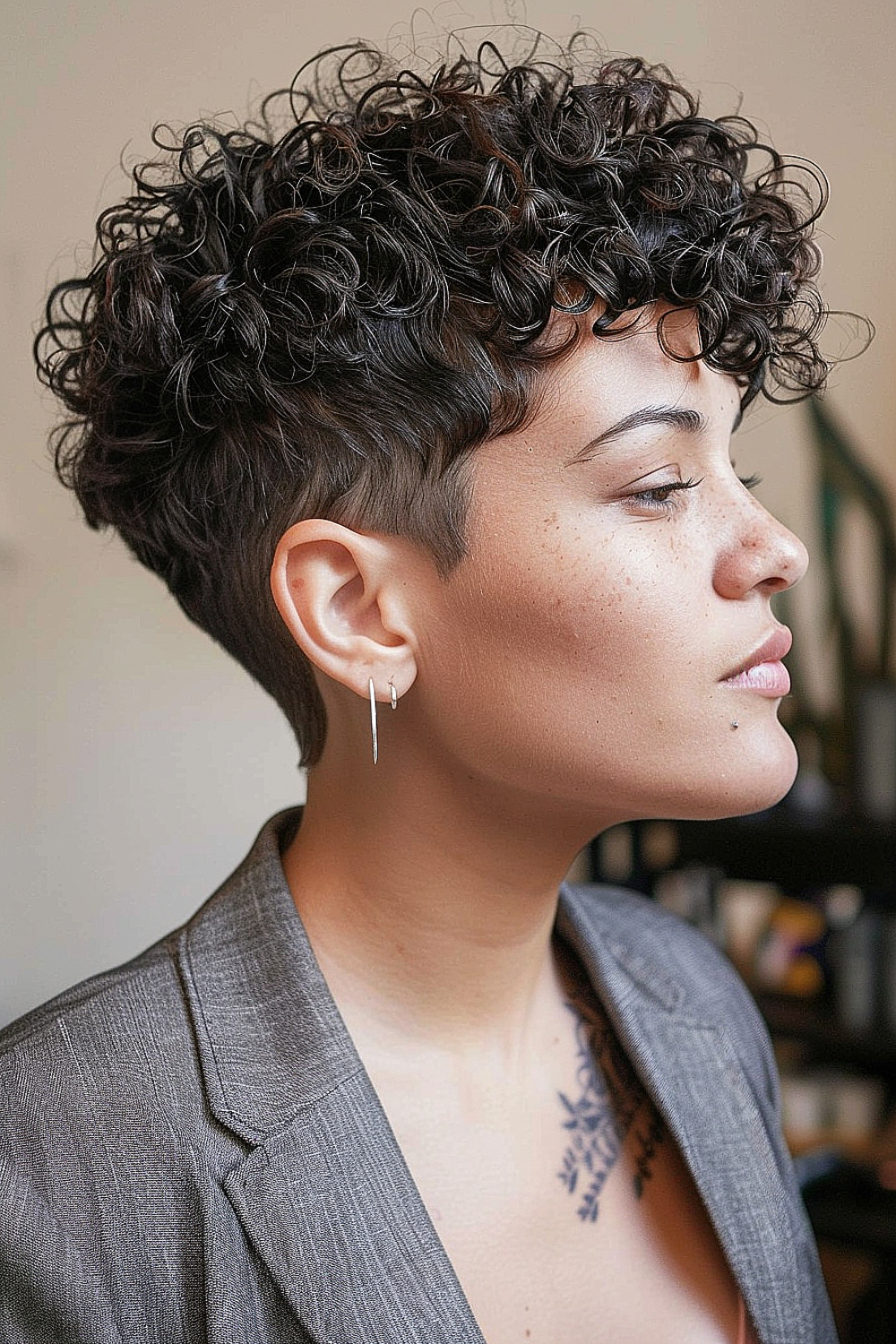 Woman with a curly bob hairstyle featuring a tapered back