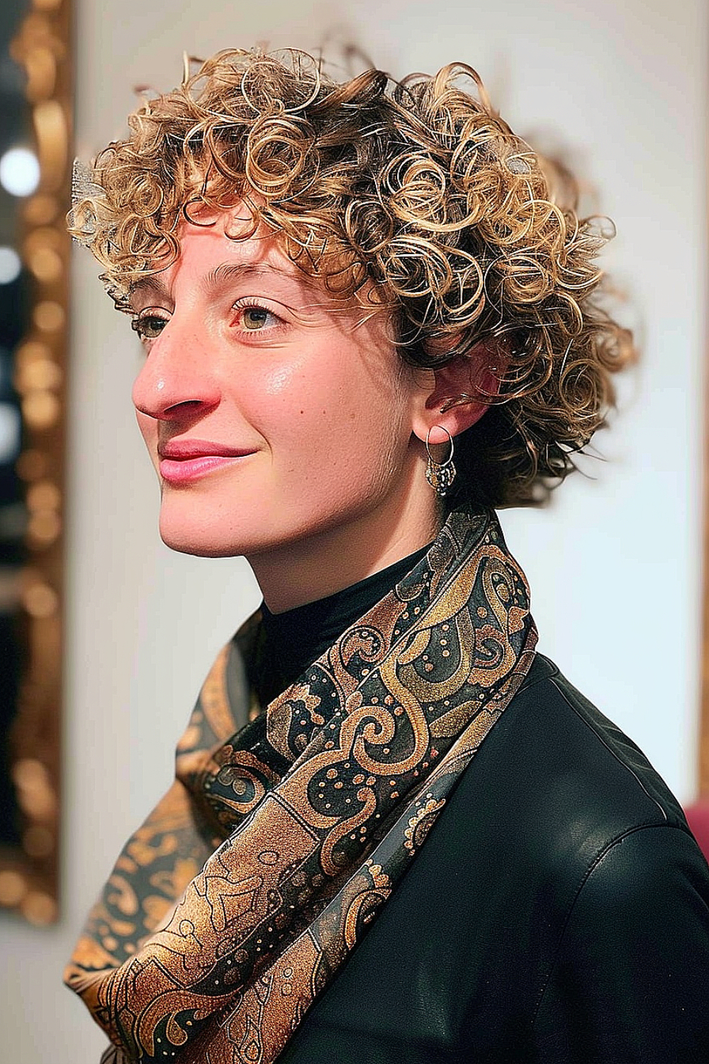 Woman with a curly crop hairstyle with highlights