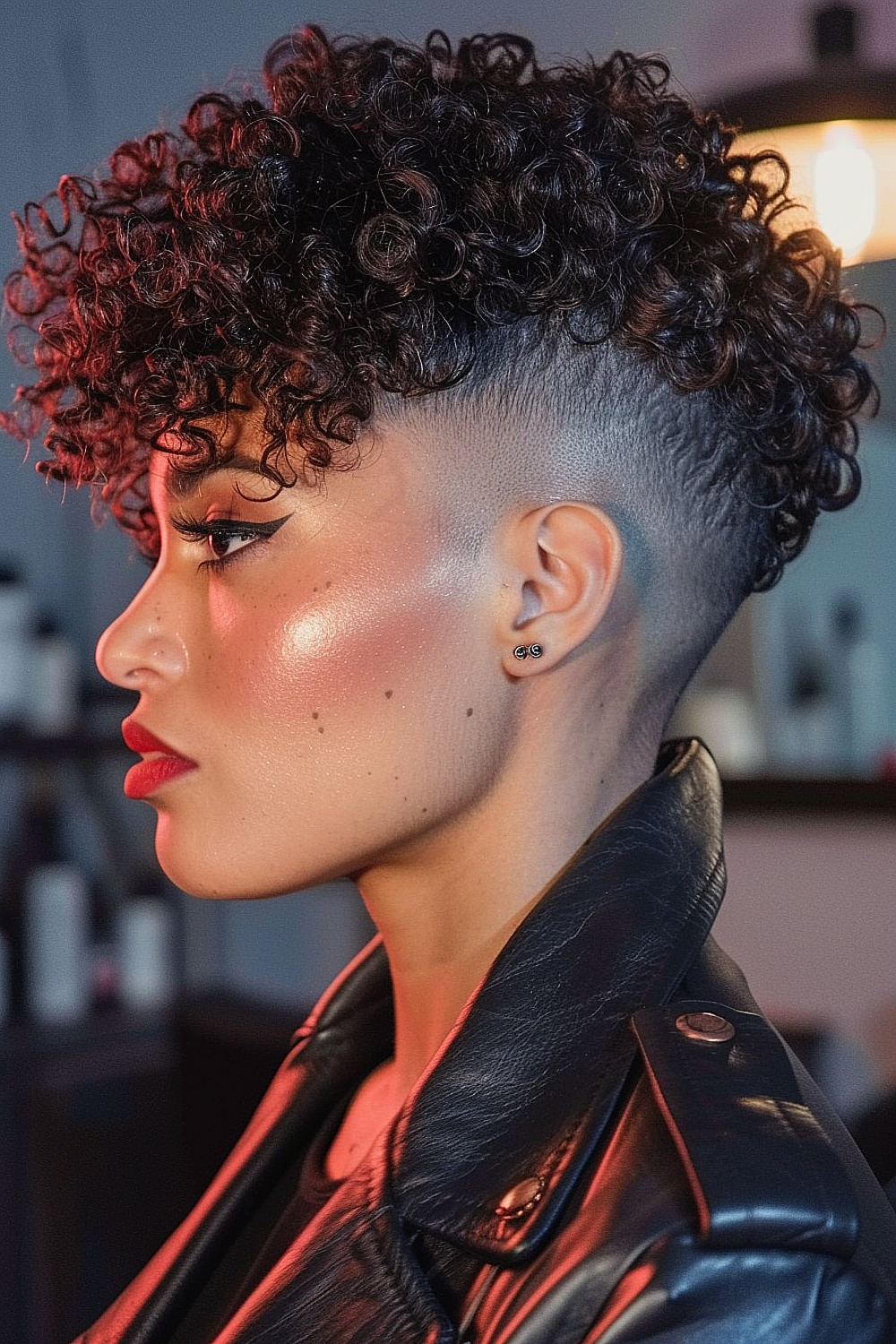 Woman with a curly crop hairstyle featuring a shaved nape