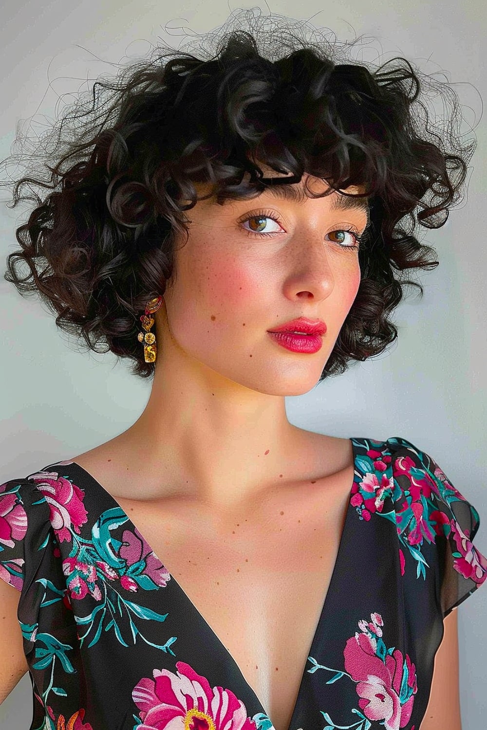 Woman with a curly French bob and soft bangs