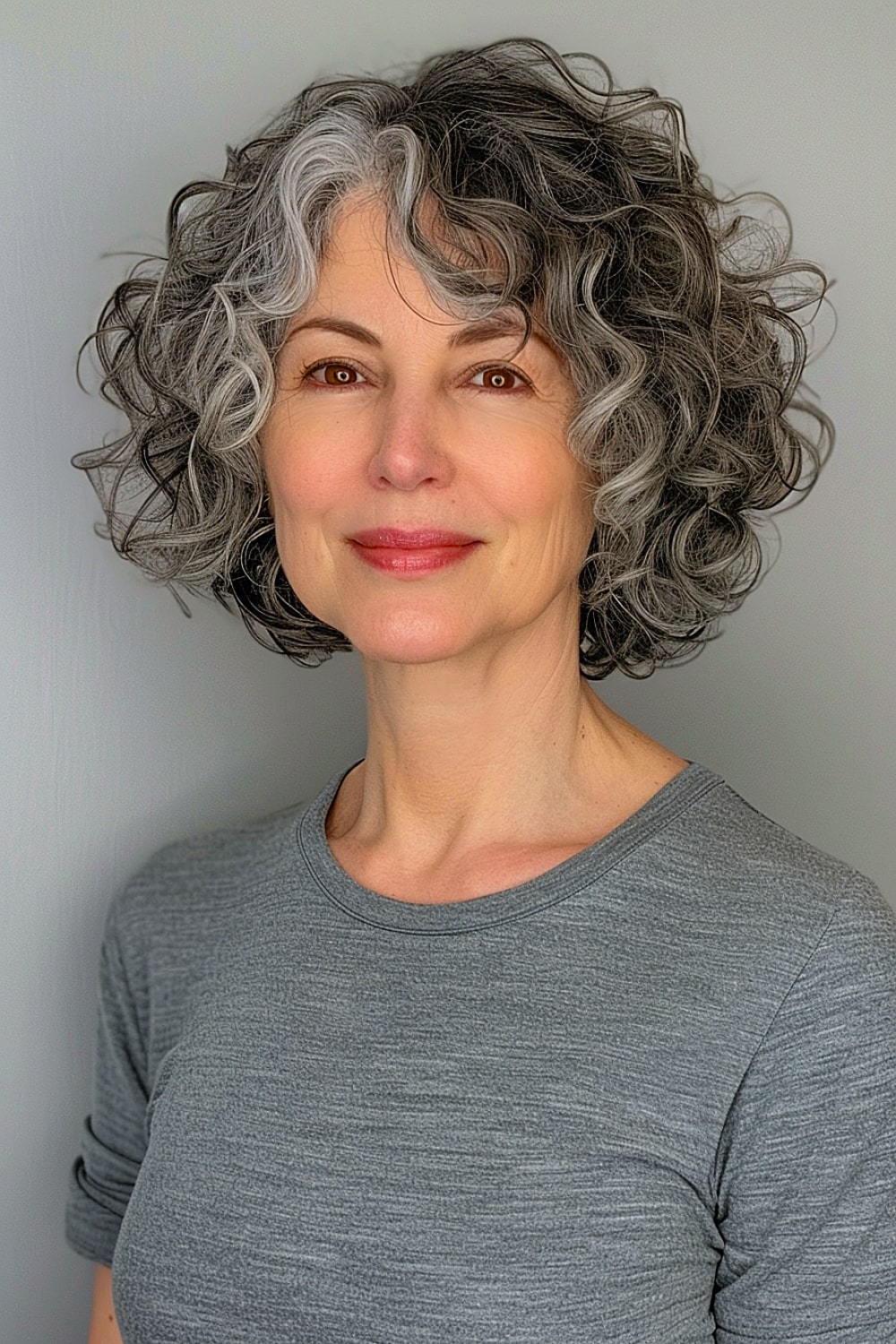 Curly gray shaggy bob for older women