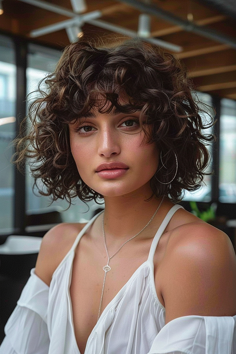 Woman with short curly hair and bangs