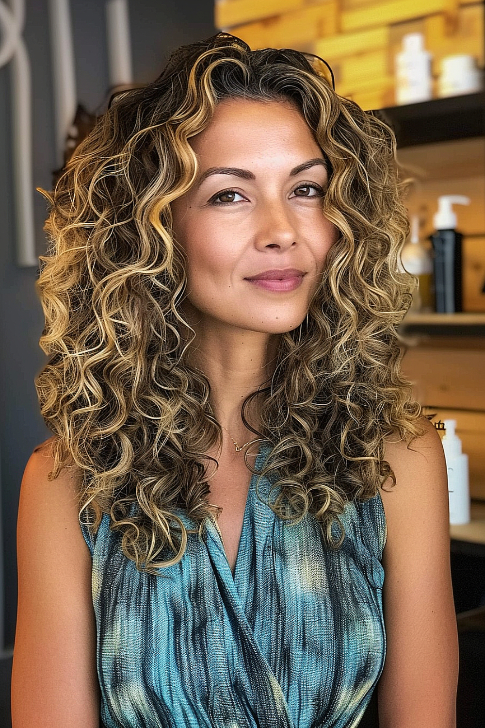 Curly hair with chunky highlights for contrast