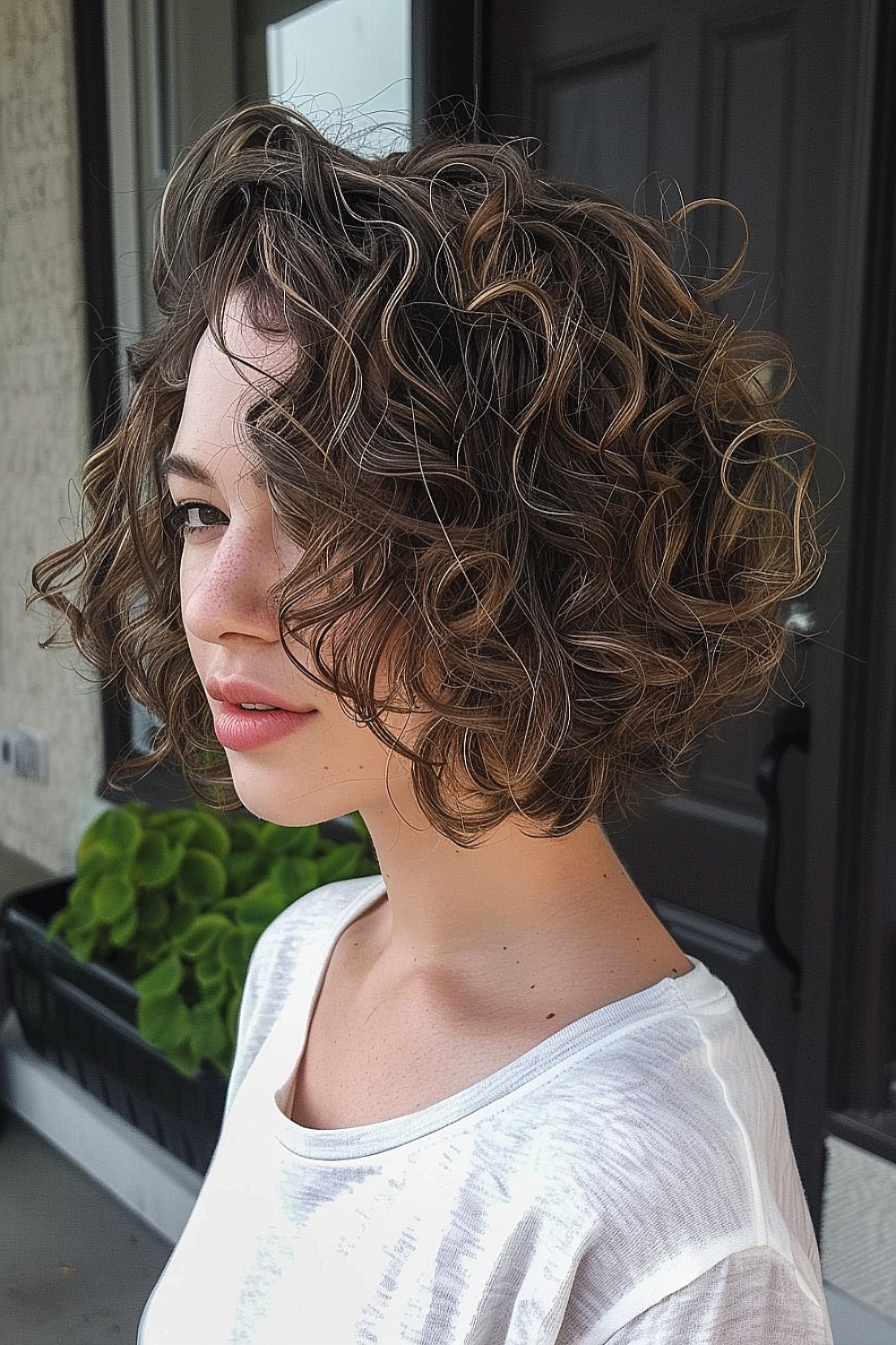 Curly inverted bob with subtle balayage