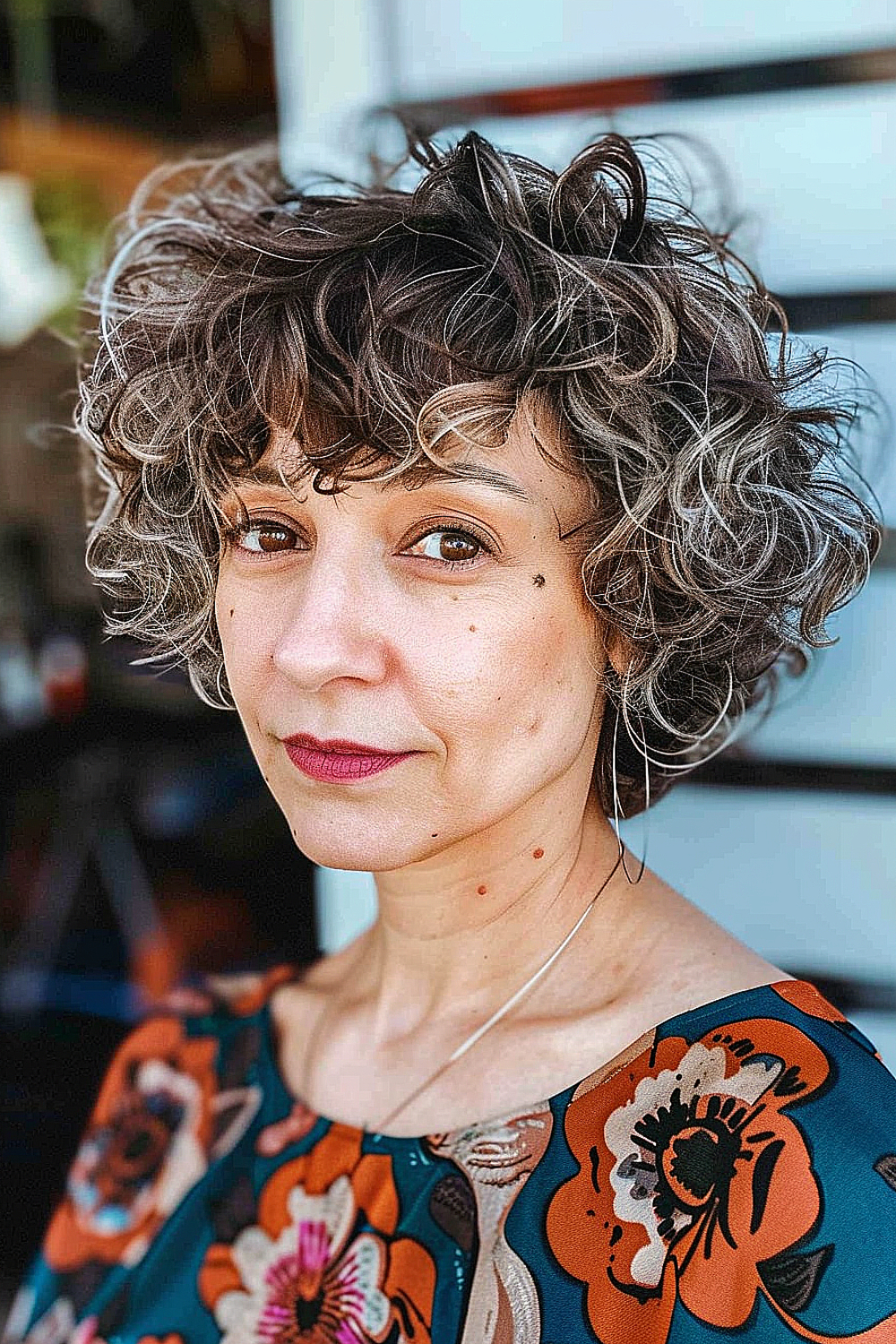 Woman with a curly layered bob haircut